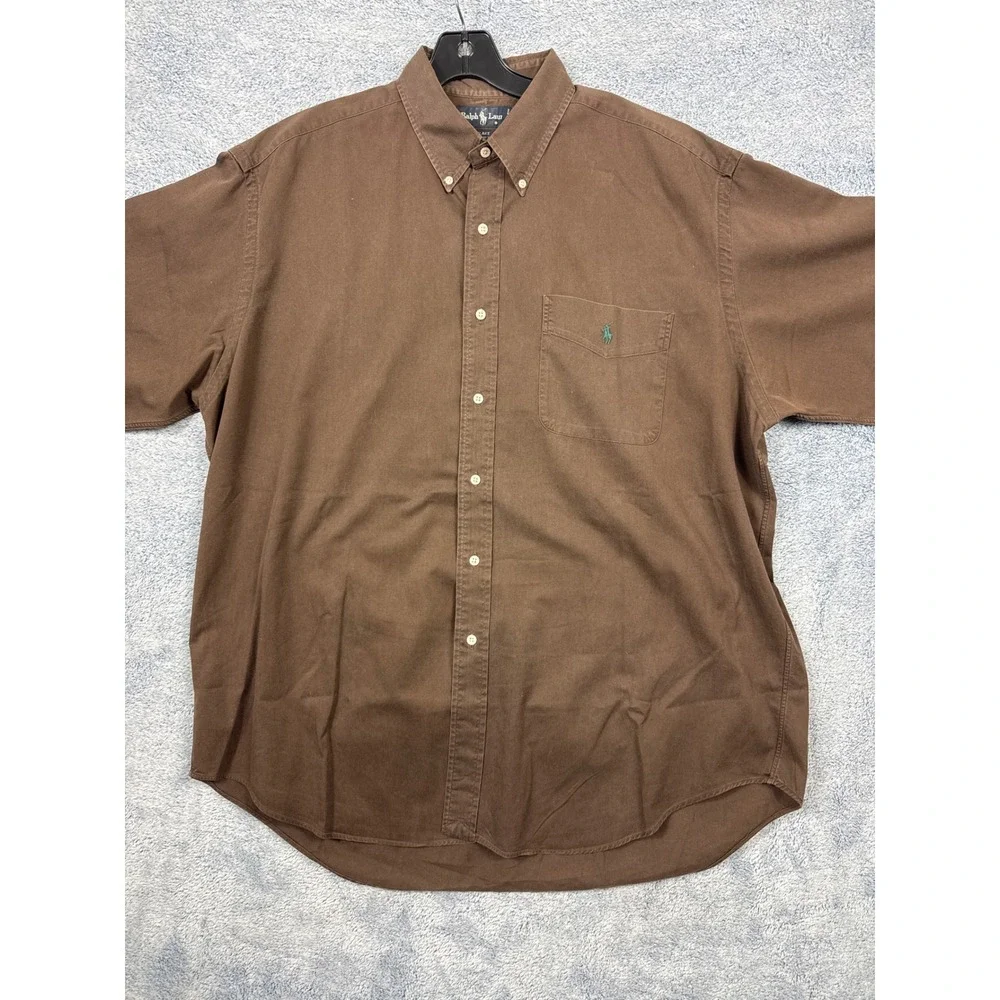 Ralph Lauren Mens XL Brown Blake Short Sleeve Button Down Cotton Shirt Logo